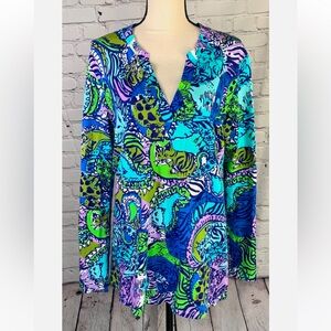 Lilly Pulitzer XS Shirt Christie Cat Print Long Sleeve Tunic Top